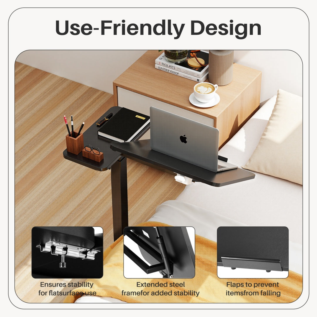 Adjustable Overbed Table With Wheels, Mobile Rolling Laptop Desk, Tilting Bedside Table For Laptop, Bed, Sofa, And Office Use, Black